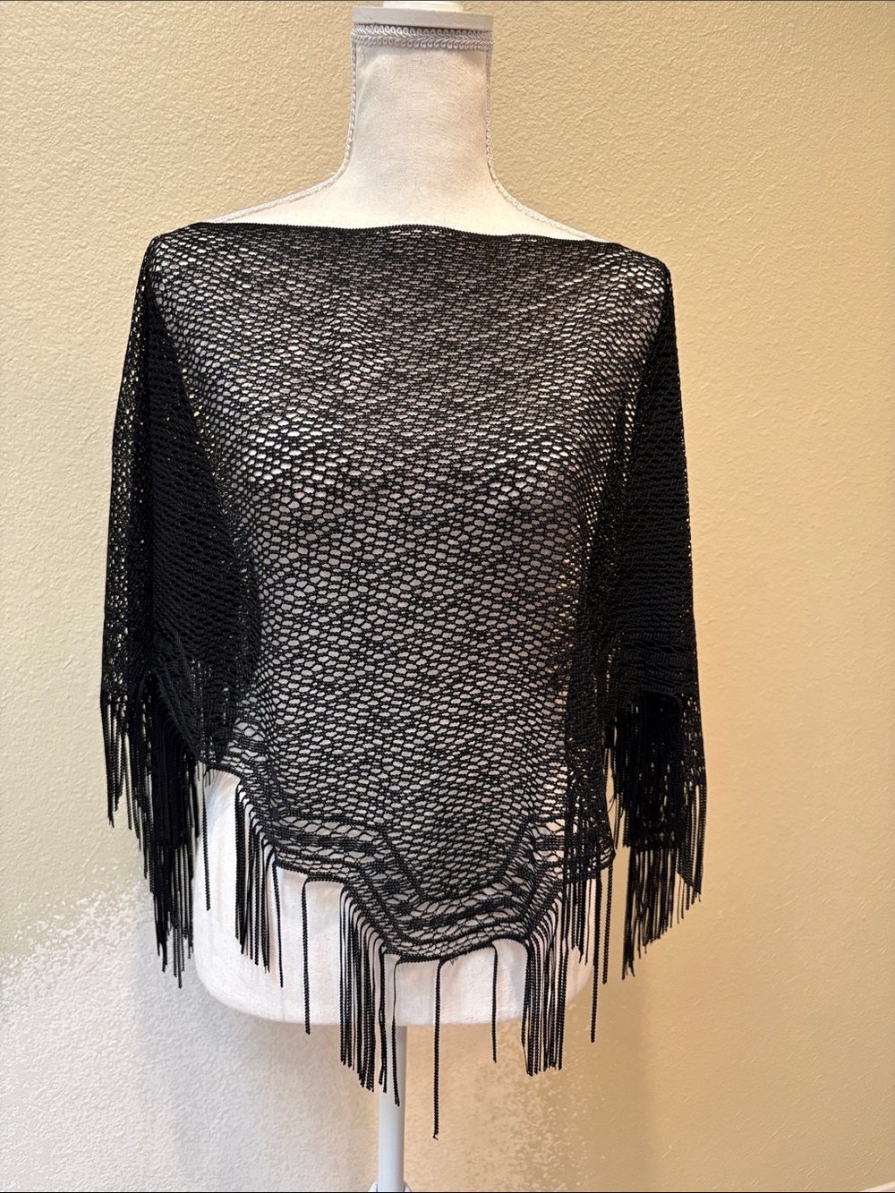 Women's Black Open-Knit Fringe Poncho Sweater, OS